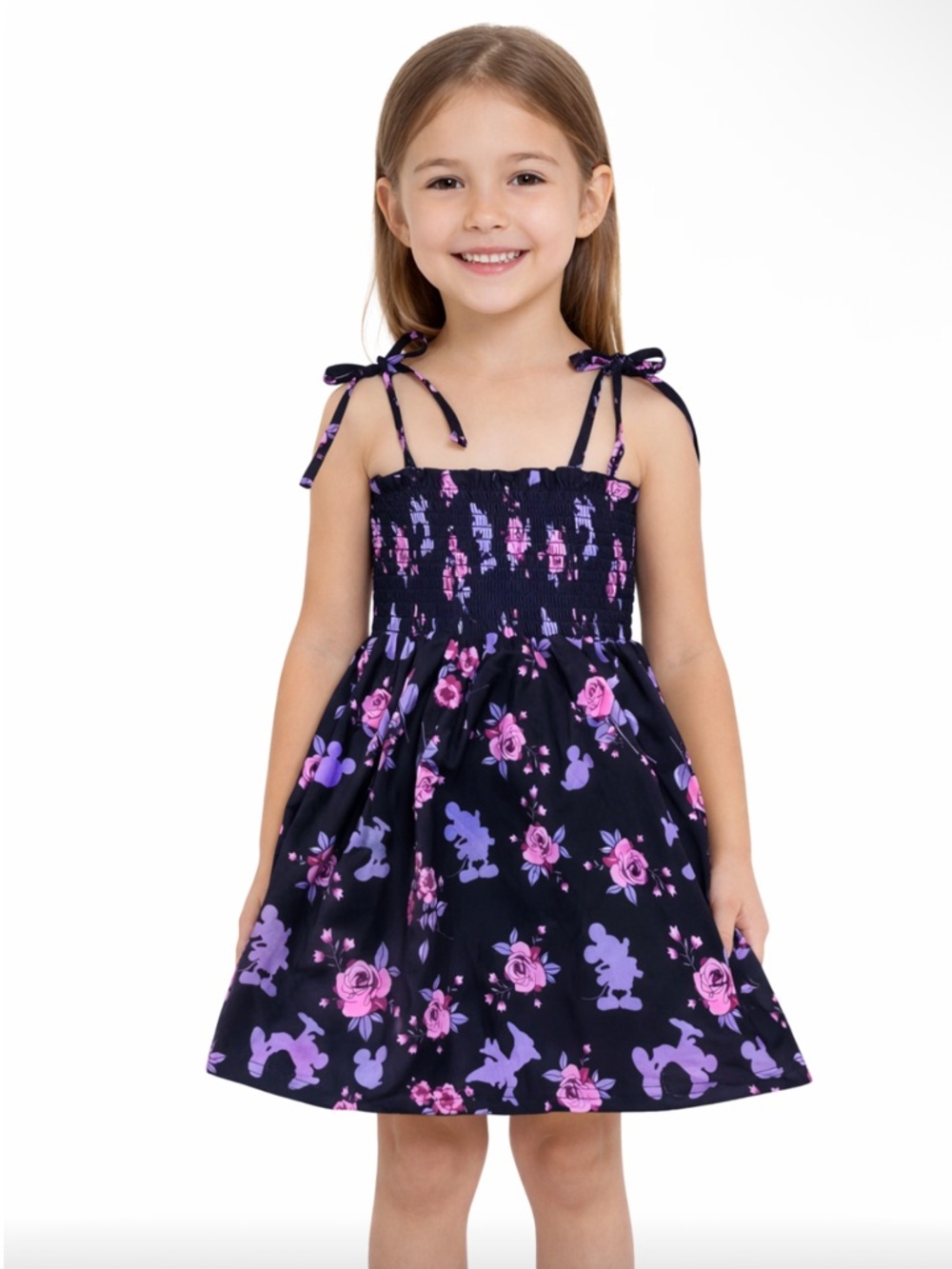 New Boutique Girls Smocked Mickey Mouse Floral Tie-Shoulder Dress Parks Dress